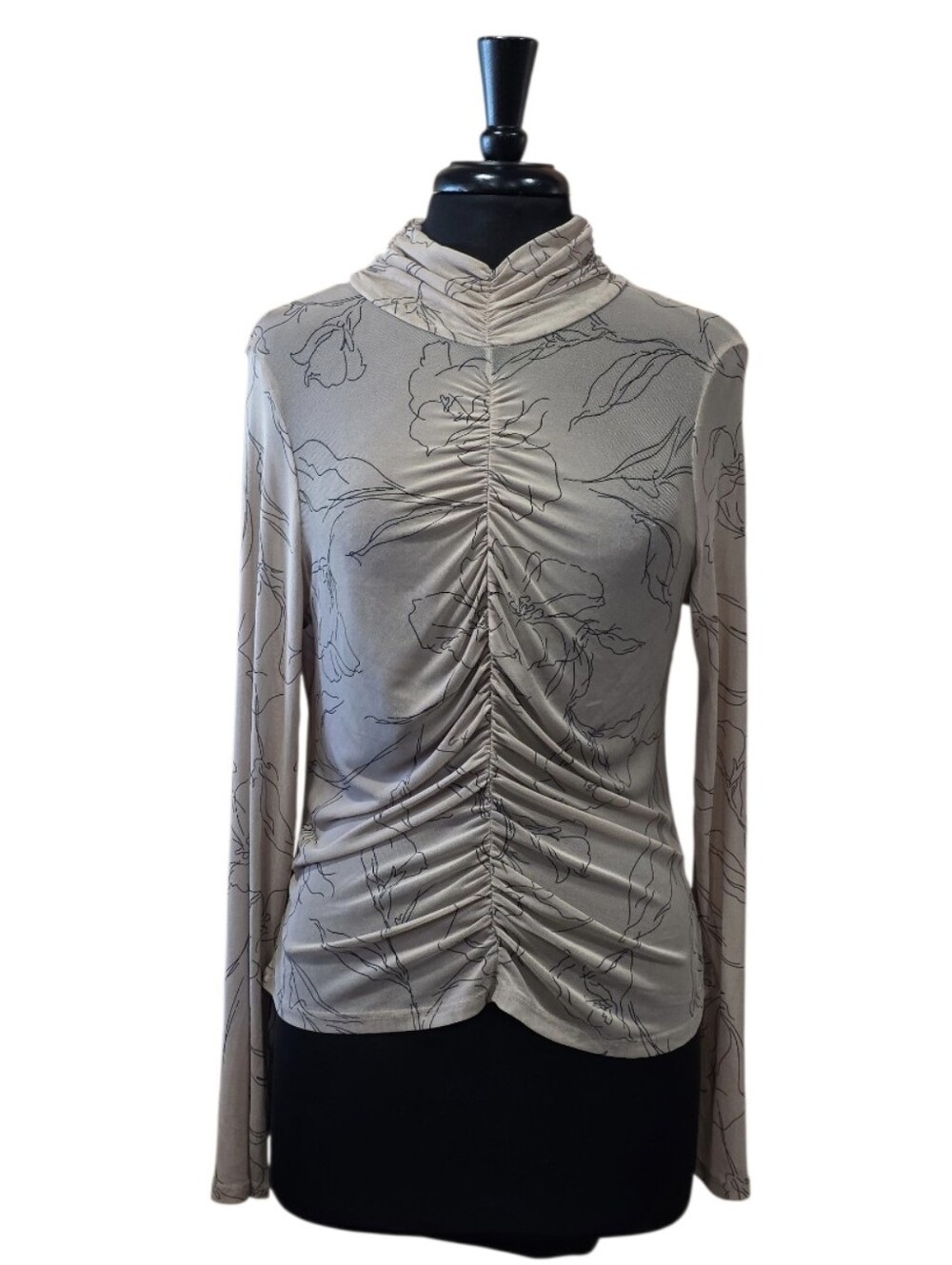 Sweet Rain Sheer Mesh Blouse Artsy Beige Floral Ruched Long-Sleeve Top